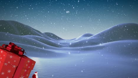 Animation-of-santa-claus-carrying-huge-christmas-gift-and-snow-falling-in-winter-landscape