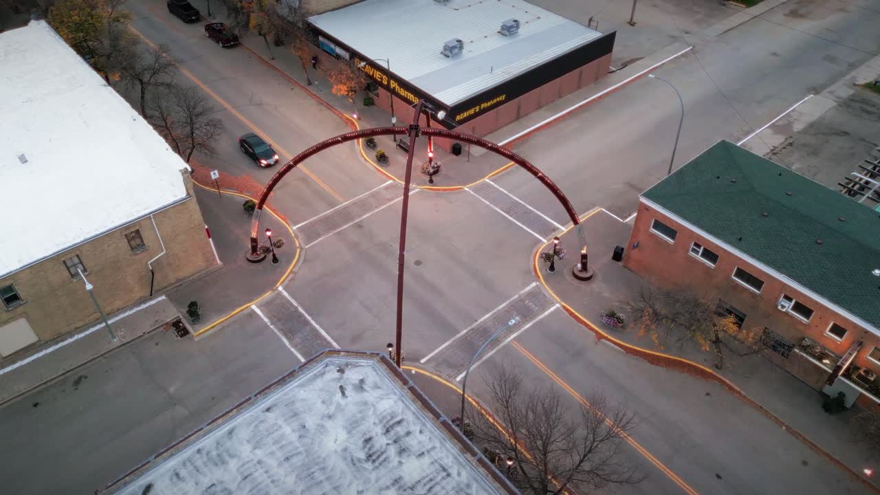 A Close up Drone Shot of the Northern Canadian Landscape a Small Rural Town Skiing Fishing Village Main Street Arches in Asessippi Community in Binscarth Russell Manitoba Canada