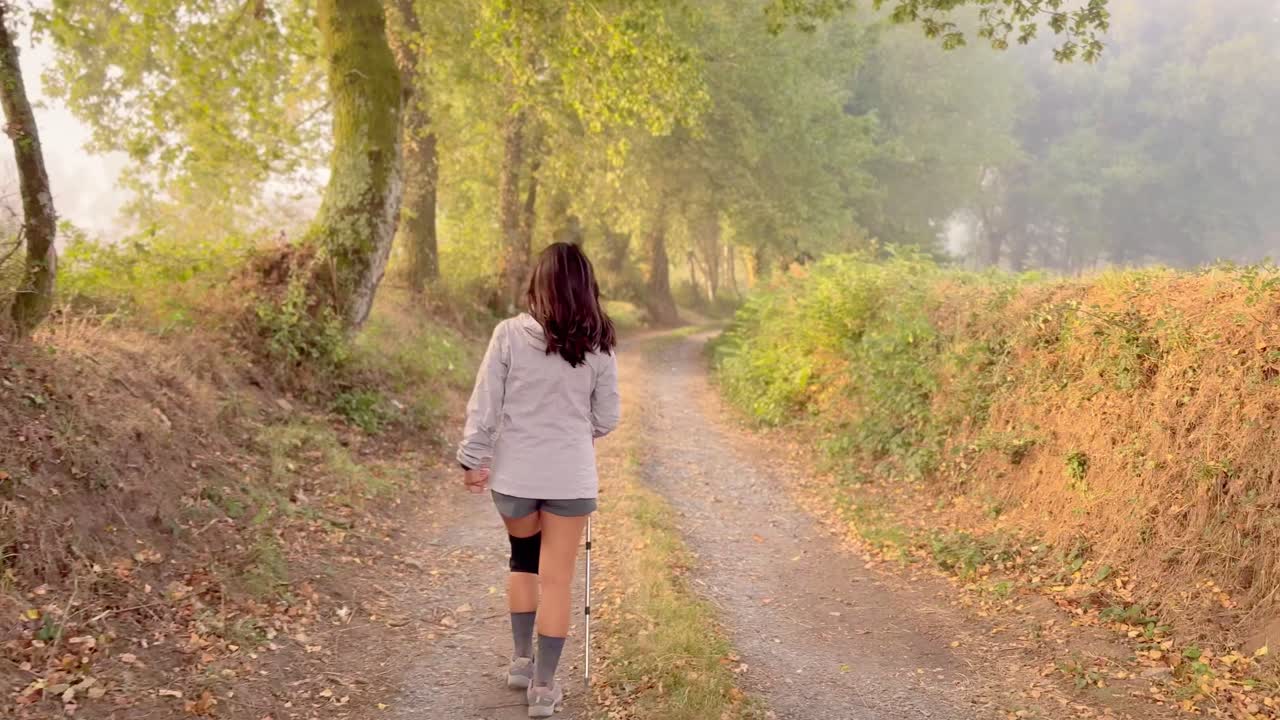 Young woman walking the Camino de Santiago from Sarria, joyfully exploring forest trails and city streets during her spiritual and cultural pilgrimage in northern Spain