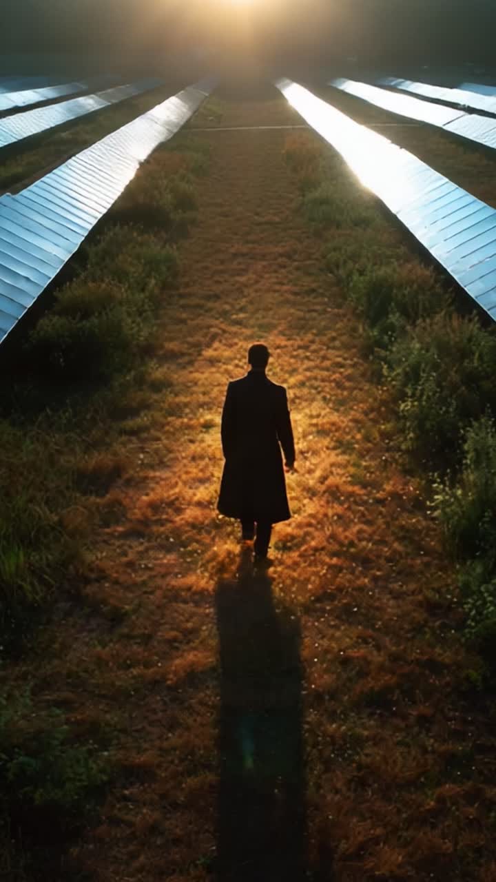 A solitary figure walks down a sunlit path flanked by gleaming solar panels, capturing the essence of renewable energy alongside a moment of contemplation in nature's embrace