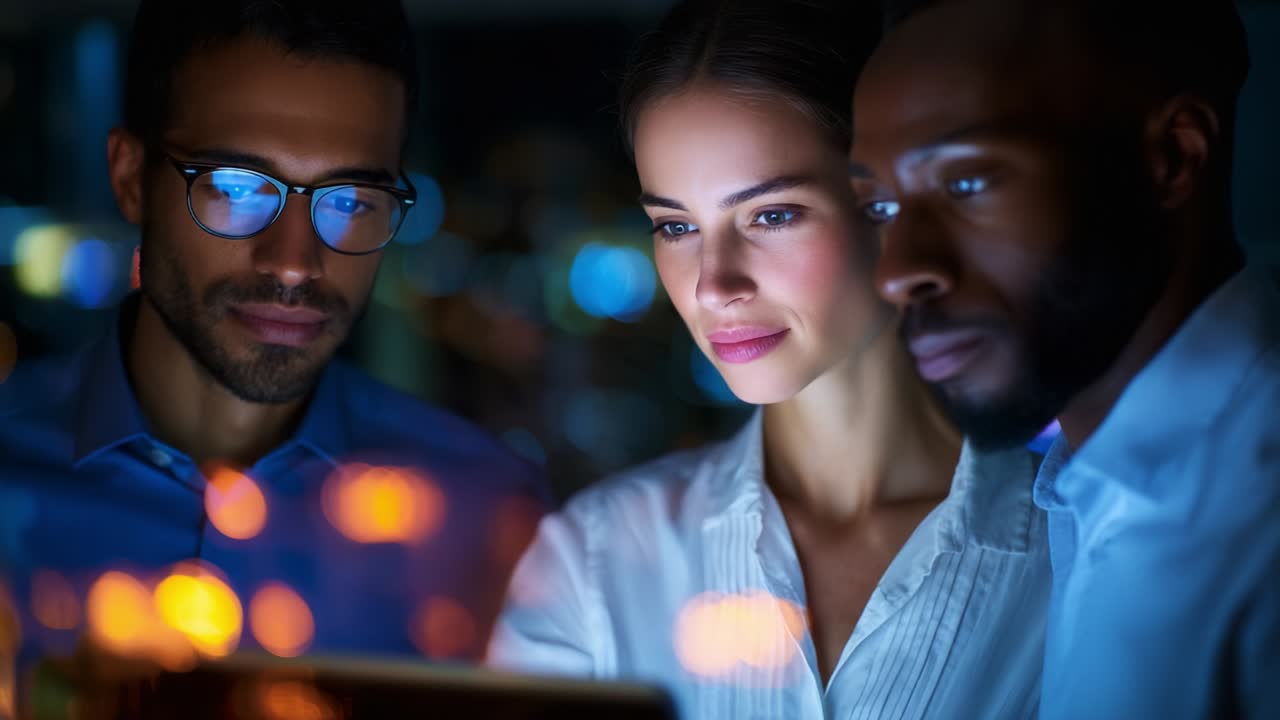 A group of three individuals, engaged and focused, examines a digital interface together in a dimly lit environment, surrounded by a colorful backdrop of blurred lights that enhance the collaborative atmosphere