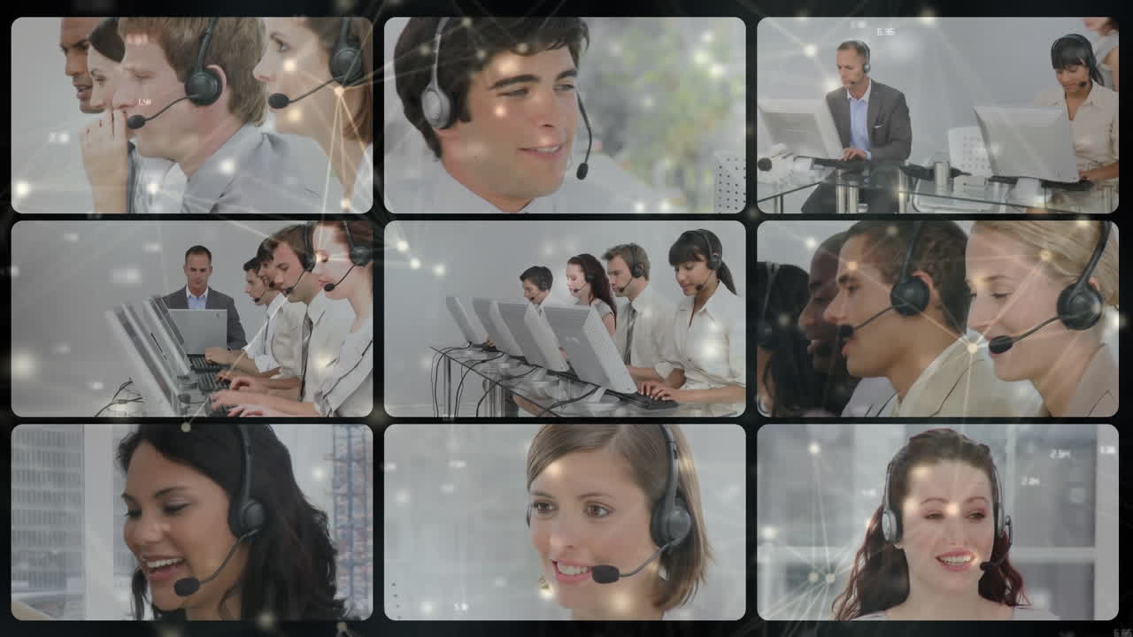 전화 헤드 ⁇ 을 사용하는 사업가들의 사진을 통해 연결 네트워크의 애니메이션