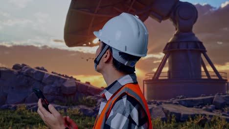 close up side view of asian male engineer with safety helmet using smartphone and looking around while standing with large satellite dish