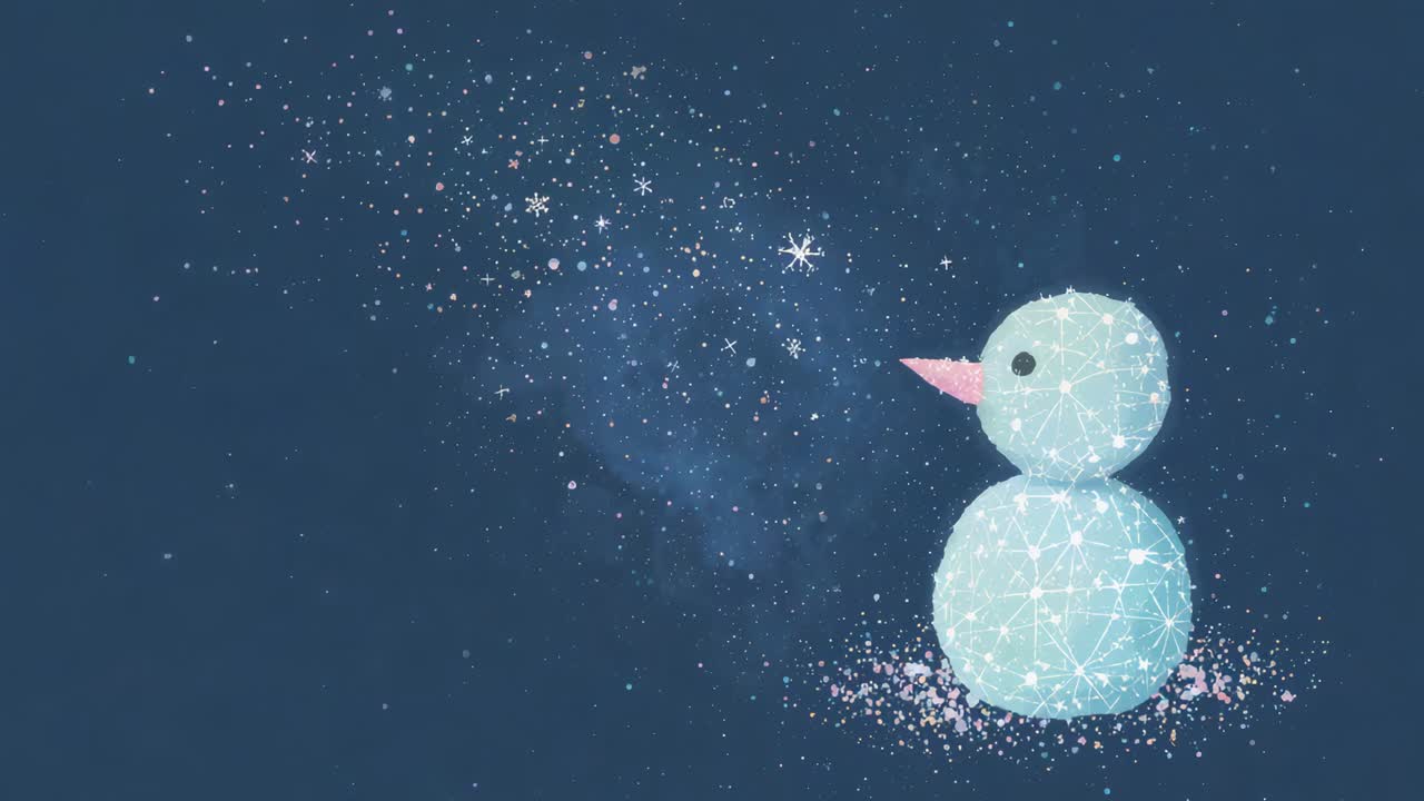 Drifting flakes moving across navy sky, creating glow over lined snowman with pink nose, copy space