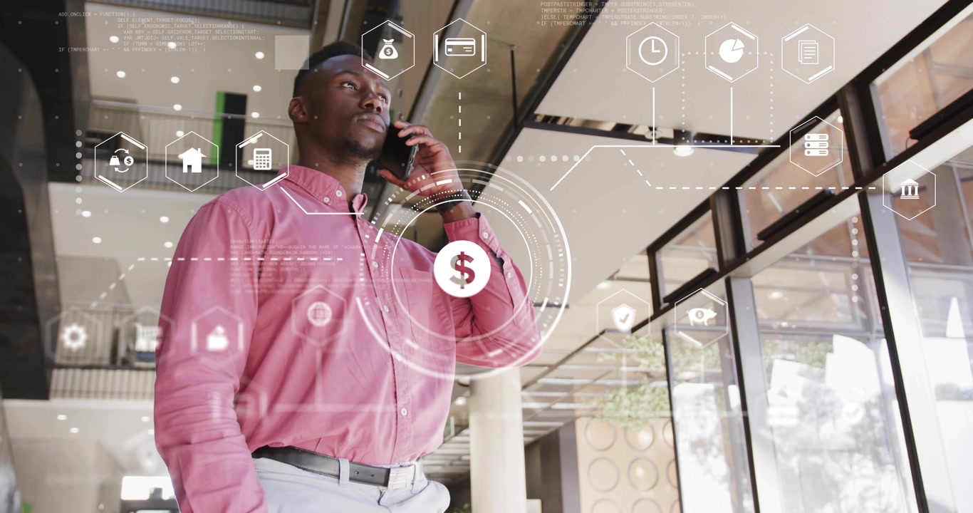 Finance pro tapping phone and revealing holographic finance UI while taking call