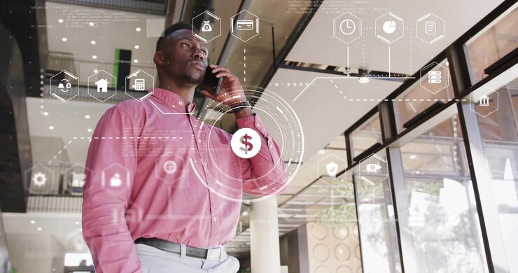 Finance pro tapping phone and revealing holographic finance UI while taking call
