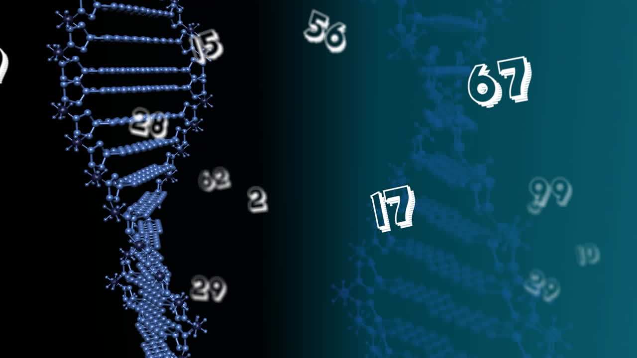animación de números y cepas de adn en fondo negro