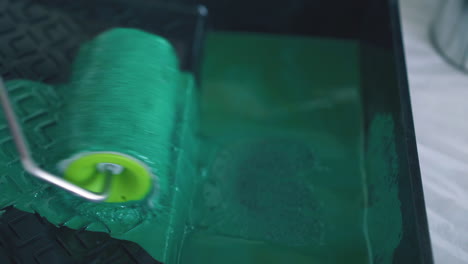 woman puts roller in tray with green paint on floor closeup