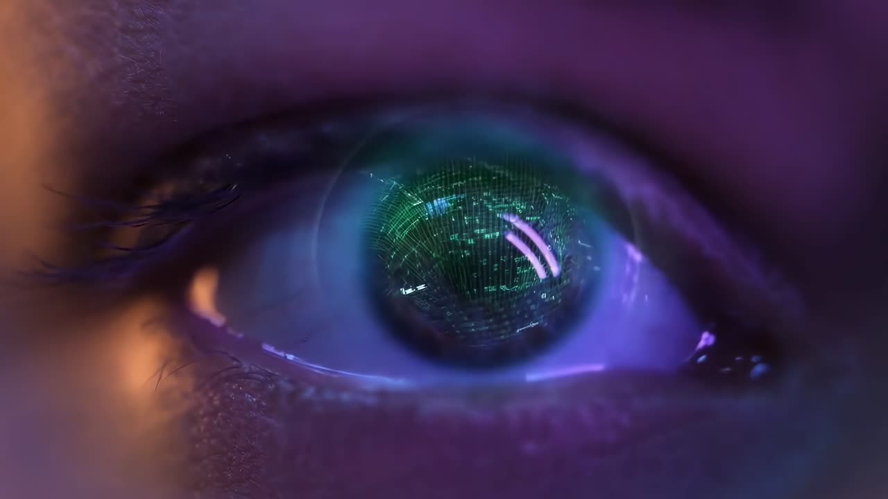 Close-up of Human Eye with Digital Code Reflection