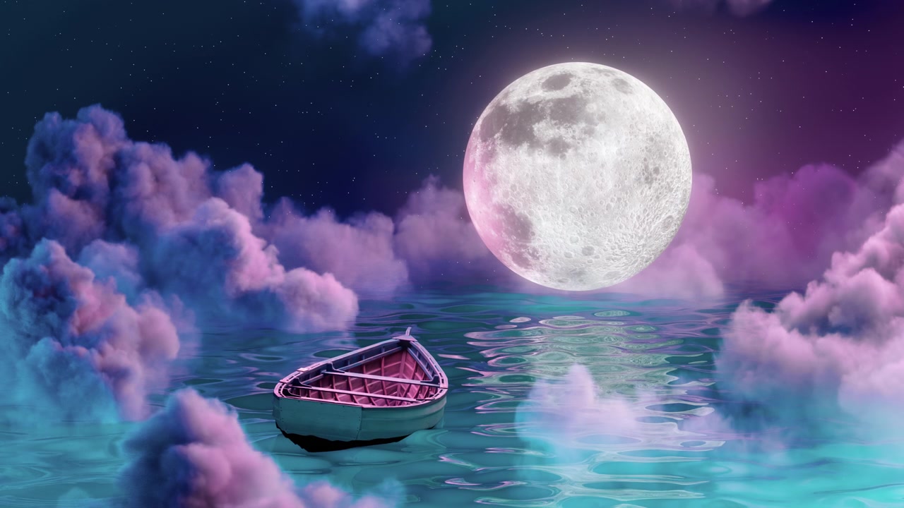 Barco de sonho iluminado pela lua em oceano fantástico com fundo em loop