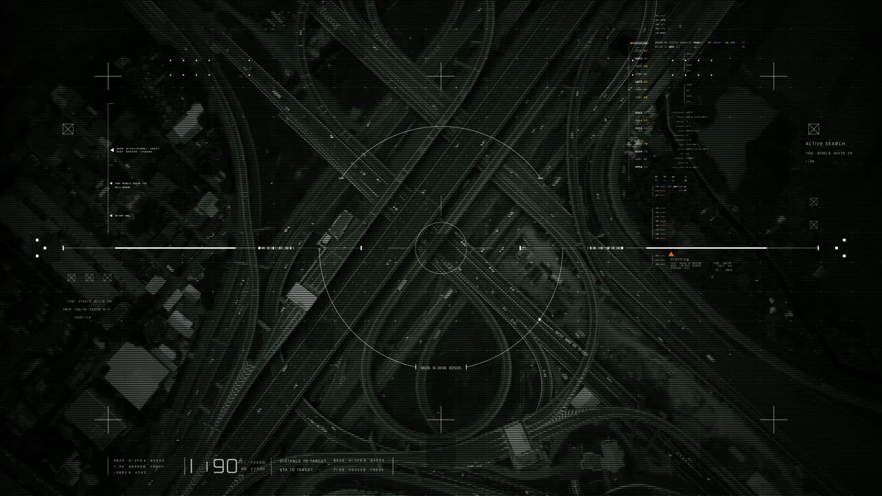 가능한 대상 차량에 대한 고속도로 교통을 추적하고 모니터링하는 바쁜 고속도로 교차로에서 교통 감시의 미래형 hud 위성 보기