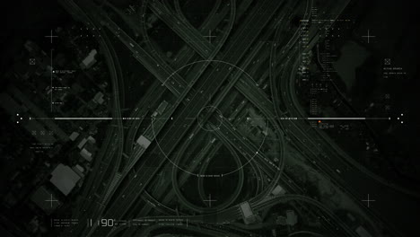 futuristic hud satellite view of traffic surveillance on a busy expressway junctions tracking and monitoring highway traffic for possible target vehicle