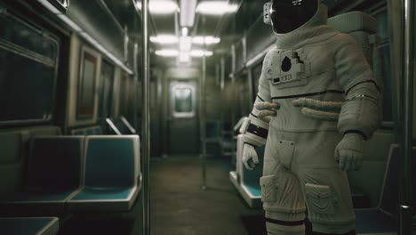 astronauta dentro del viejo vagón de metro no modernizado en ee.uu.
