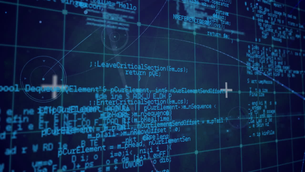 Animation of networks of connections and data processing over black background