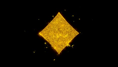 diamond card suit icon sparks particles on black background.
