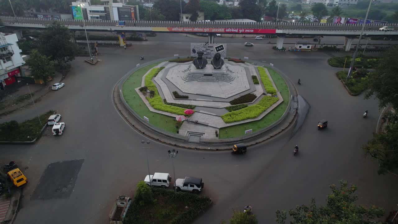 Mumbai Naka Circle with Krantisurya Mahatma Jyotiba Phule Memorial and historical landmark, Nashik, Maharashtra, Establishing drone shot