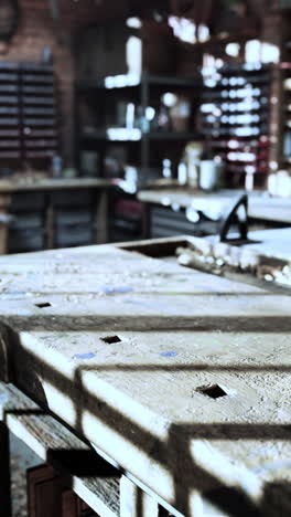 a close up of a workbench in a workshop