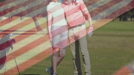 golfers celebrating shot on green, showing animated trajectory and sports technology chart