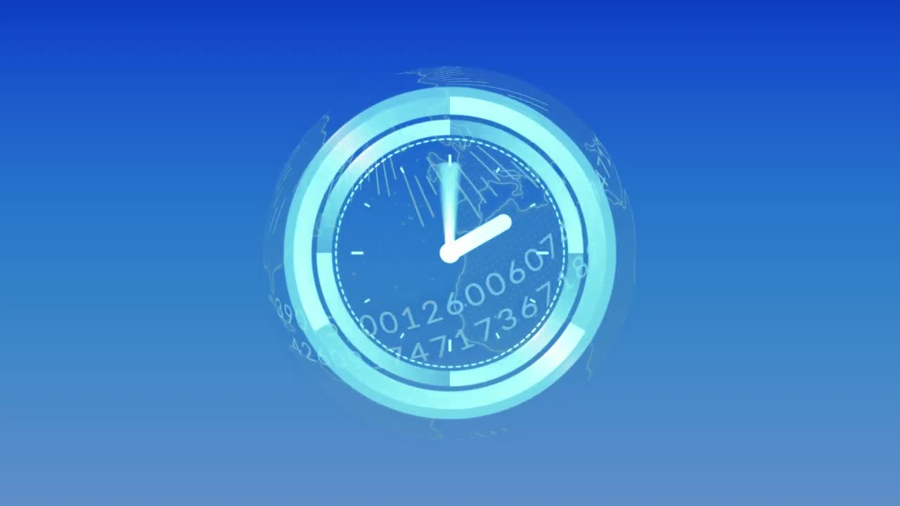 파란색 배경에 숫자가 있는 지구상에서 빠르게 움직이는 시계의 애니메이션