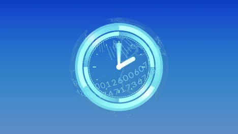 Animation-of-clock-moving-fast-over-globe-with-numbers-on-blue-background