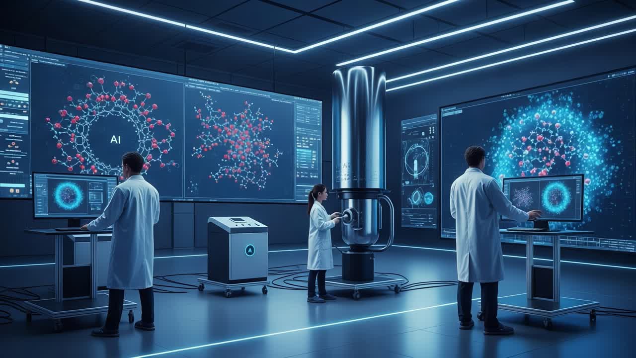 Advanced Research Lab Exploring Molecular Structures with AI Technology: Scientists Analyzing Data, Unveiling New Discoveries in a High-Tech Environment