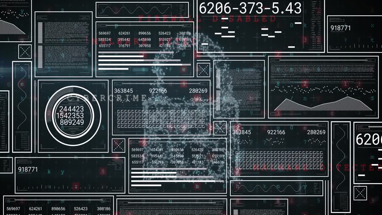 Animation of padlock, cloud, shield, graphs, loading bars and circles with numbers, letters, symbols