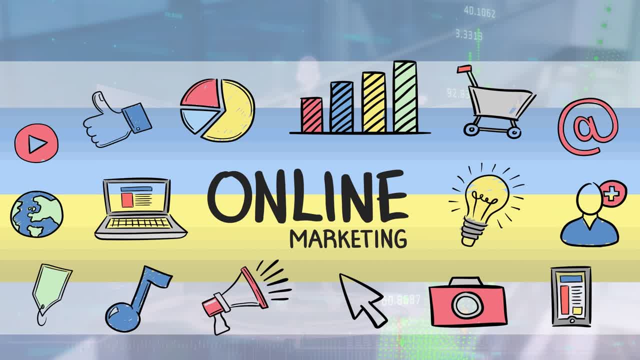 Animation of online marketing text banner and multiple digital icons over financial data processing