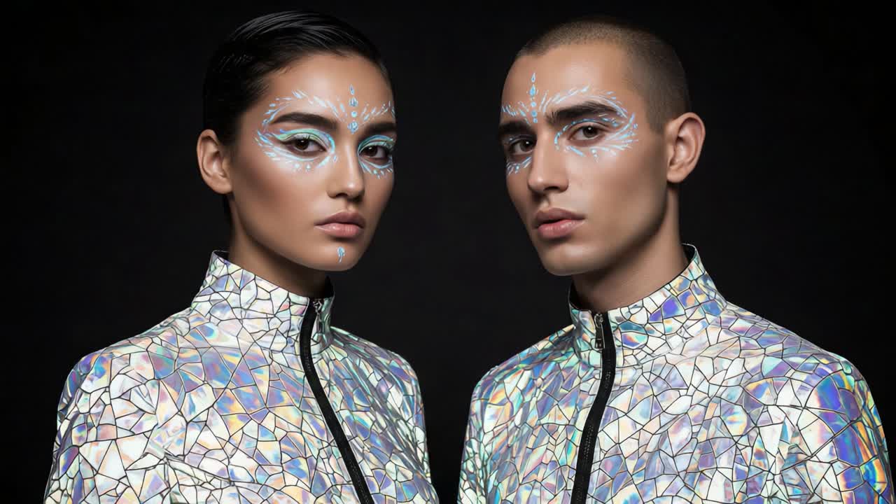 Striking Contrast of Artistic Expression: Captivating Portraits Featuring Innovative Makeup and Reflective Fashion in a Studio Setting