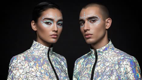 striking contrast of artistic expression: captivating portraits featuring innovative makeup and reflective fashion in a studio setting