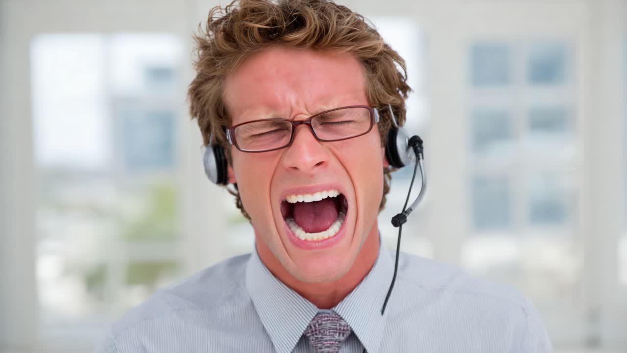 A Frustrated Office Worker Expressing Intense Emotion While on a Call, Capturing the Struggles of Customer Support in a High-Pressure Environment