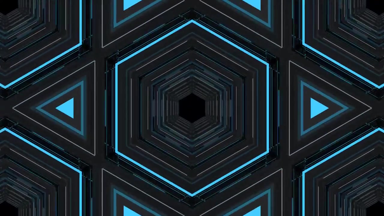 Abstract Geometric Tunnel with Pulsing Blue Neon Hexagons