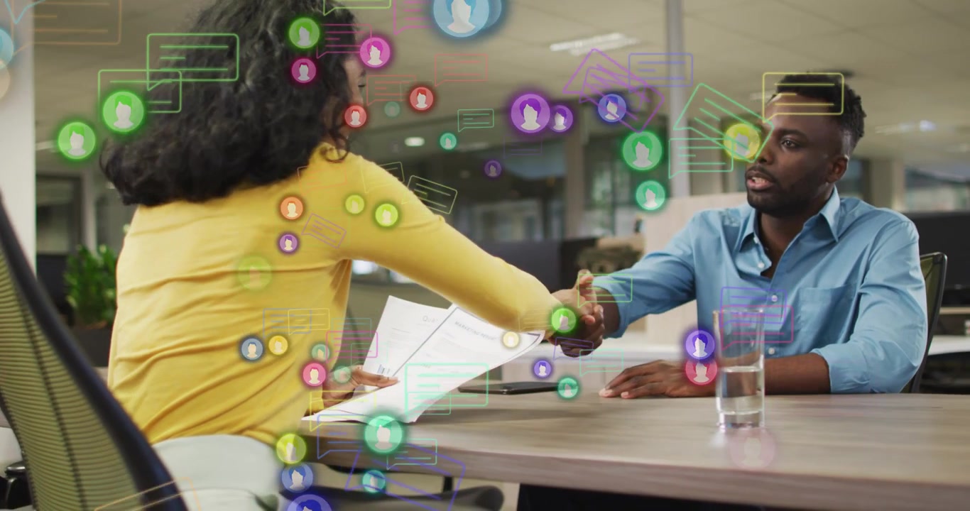 Woman presenting papers and speaking to man in business, chat icons guiding handshake agreement