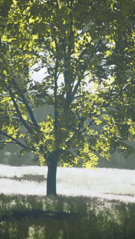 a single tree with green leaves stands tall in a field of grass