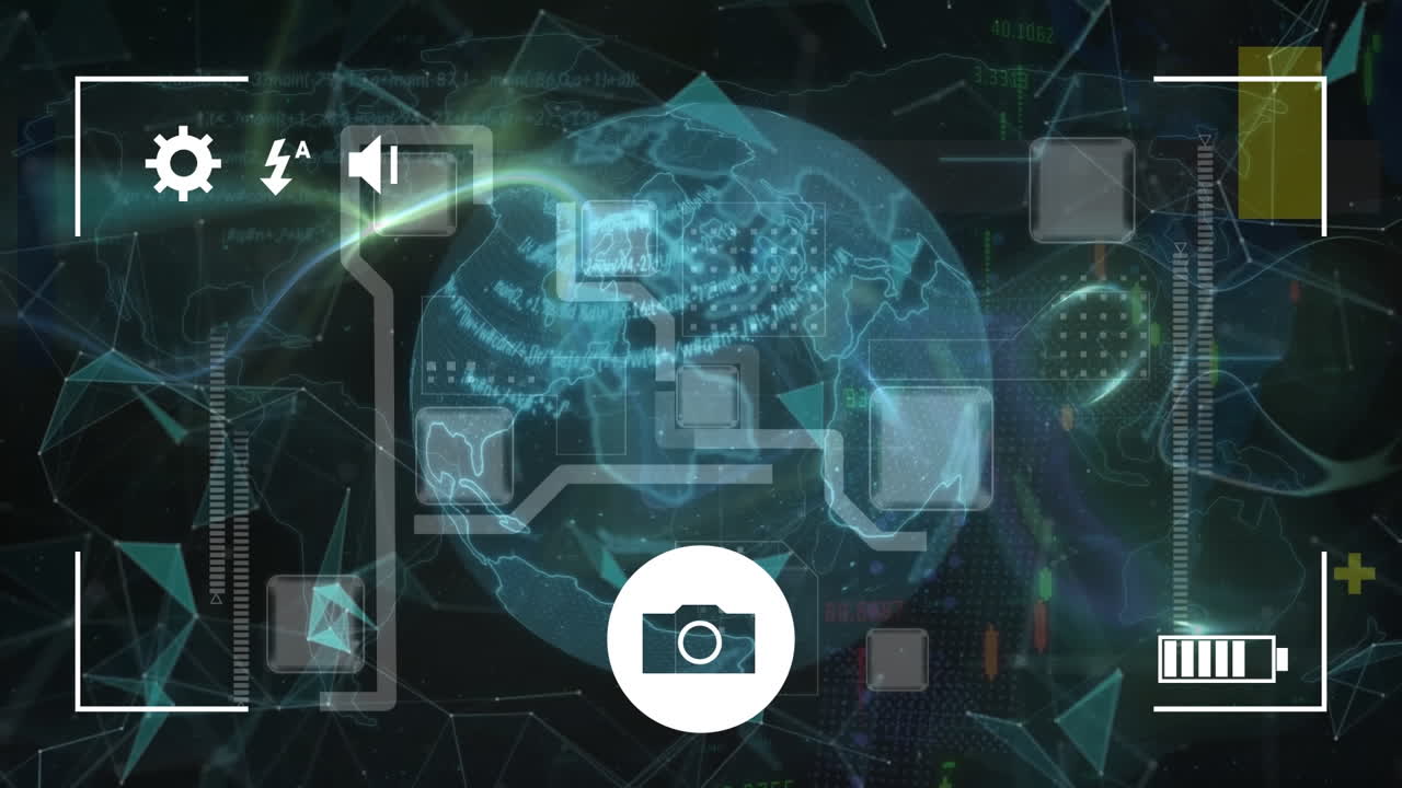 정사각형과 아이콘을 중심으로 움직이는 선의 애니메이션으로 지구와 연결된 점들이 모양을 형성합니다.