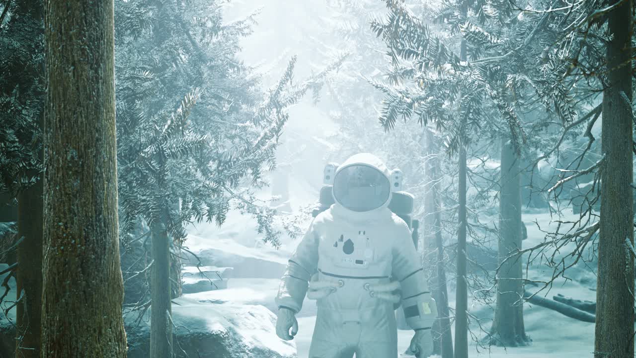 우주 비행사가 눈 속의 숲을 탐험하고 있습니다.