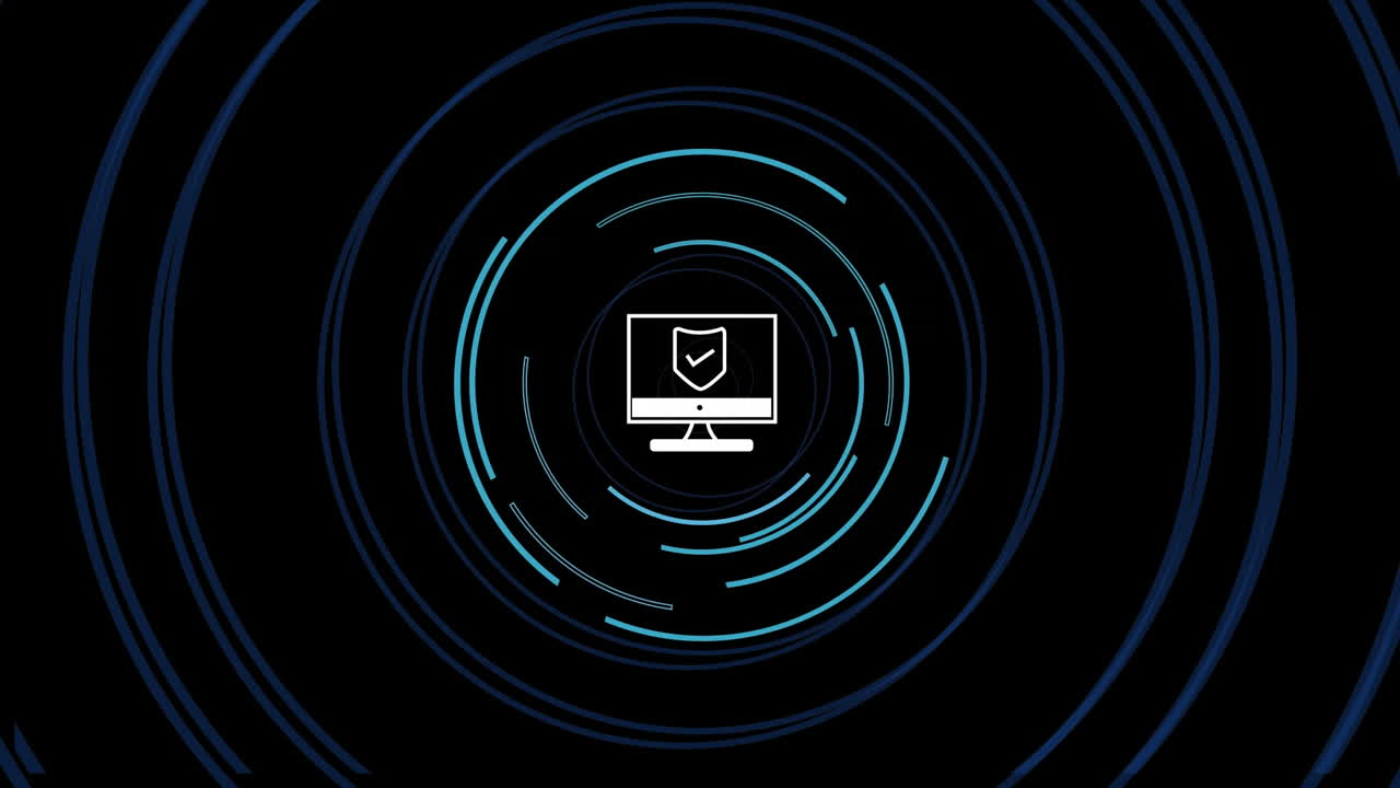 animación del procesamiento de datos del escudo sobre pantalla de computadora y fondo oscuro