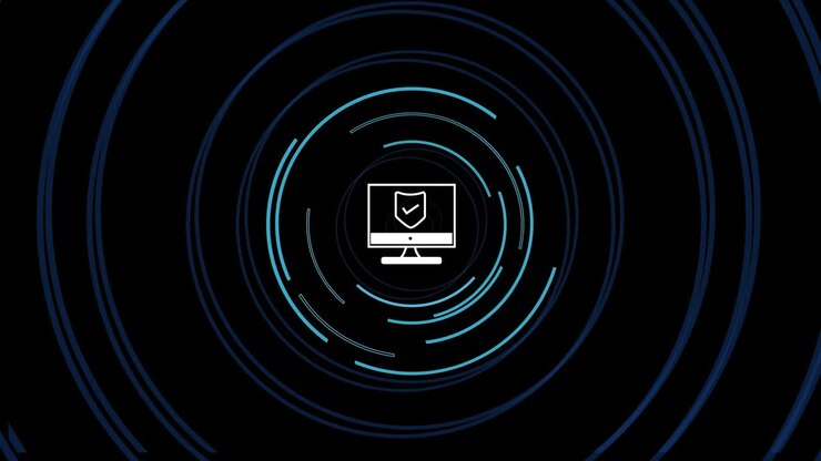 Animation of shield data processing over computer screen and dark background
