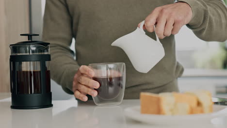 coffee, dairy and milk pouring for breakfast drink