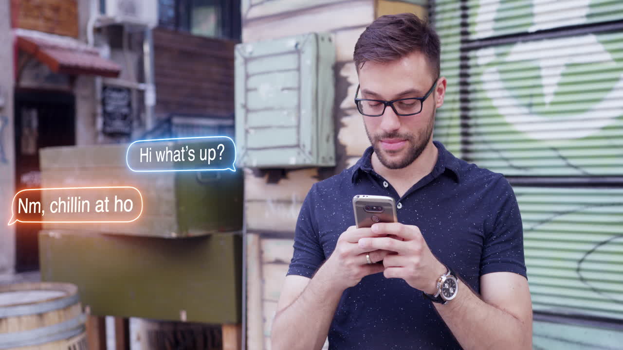hombre enviando mensajes de texto a un amigo en una reunión en el centro de la ciudad para