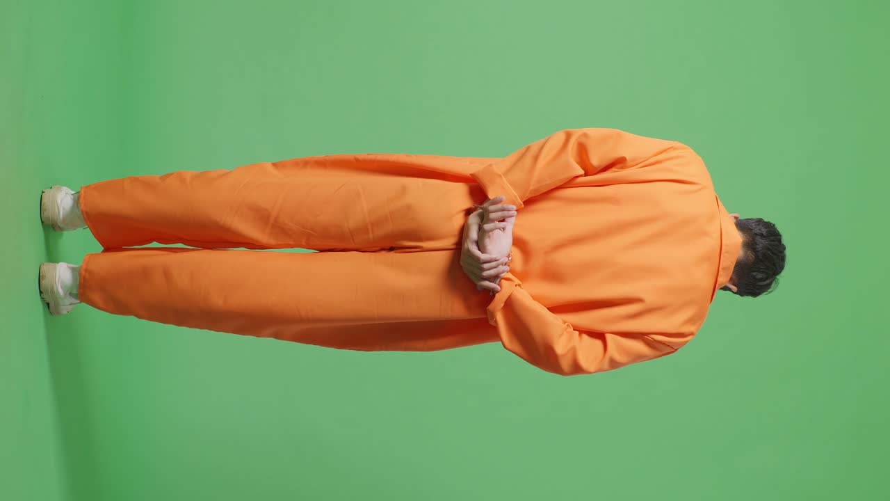 Full Body Back View Of Asian Male Prisoner Try To Take The Handcuffs Off While Standing On The Green Screen Background
