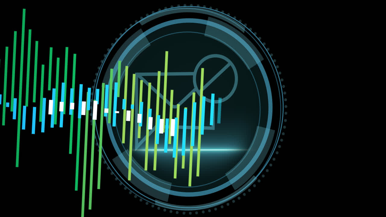 Animation of data processing against cyber security text banner and message icon on round scanner