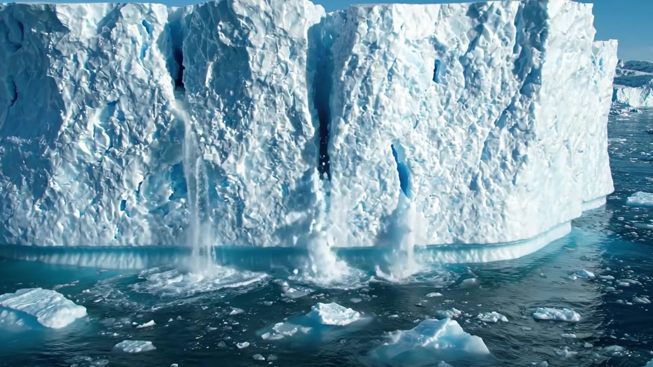 En dramatisk smältande glaciärkollaps: Spektakulär kalvning av isberg fångad i fantastisk detalj, som visar naturens skönhet och kraftfulla klimatpåverkan