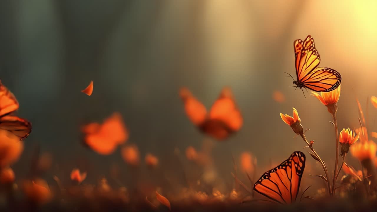 A Serene Dance of Monarch Butterflies Amidst Vibrant Flowers, Capturing the Essence of Nature's Beauty and Tranquility in a Magical Setting