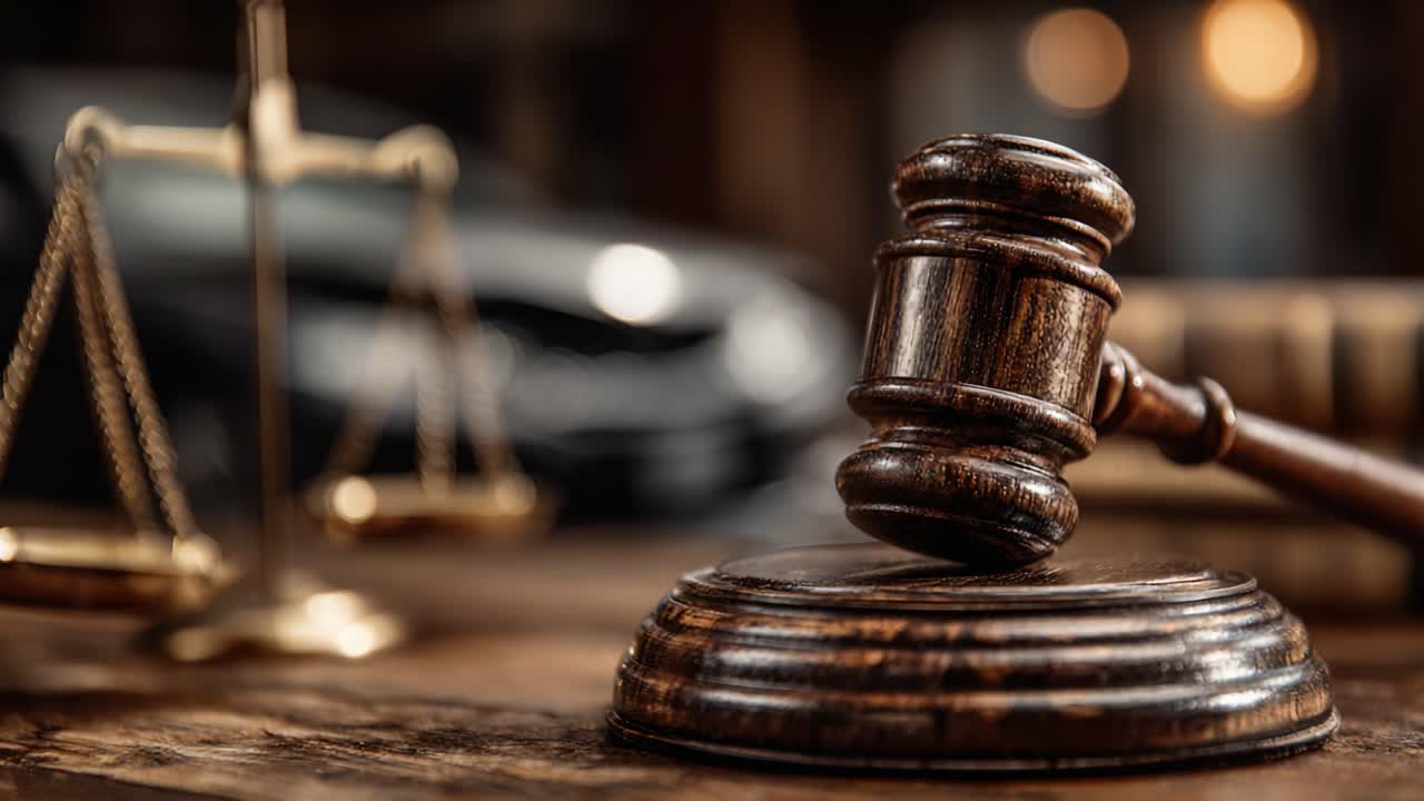 Primo piano dettagliato di un martelletto e della bilancia della giustizia su una scrivania di legno, a simboleggiare procedimenti legali e autorità giudiziaria in un'aula di tribunale