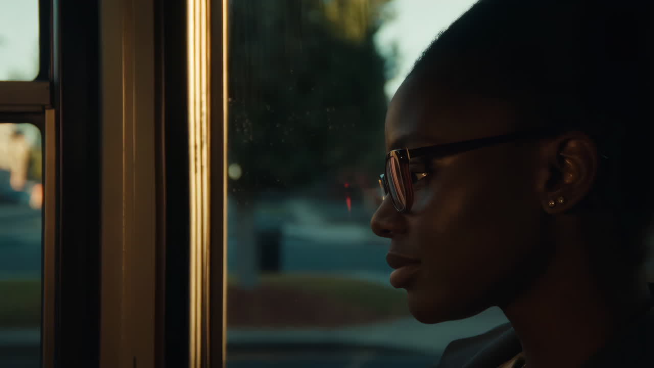Woman Looking Out Window During Golden Hour