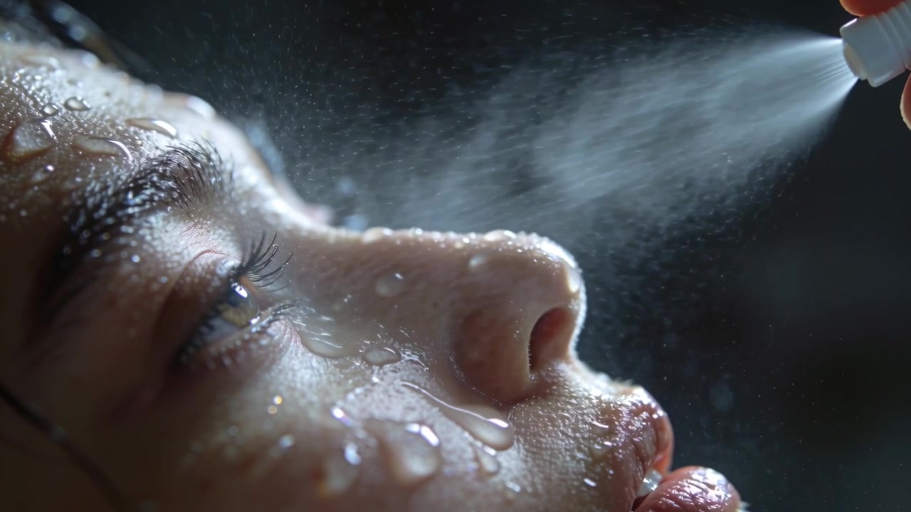 Spuitende handsproeier stuurt fijne nevel naar het gezicht van een volwassen vrouw in de studio, met waterdruppels.