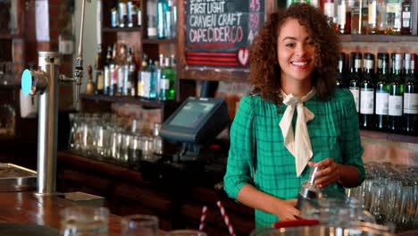 Portrait-of-barmaid-preparing-cocktail-at-bar-counter