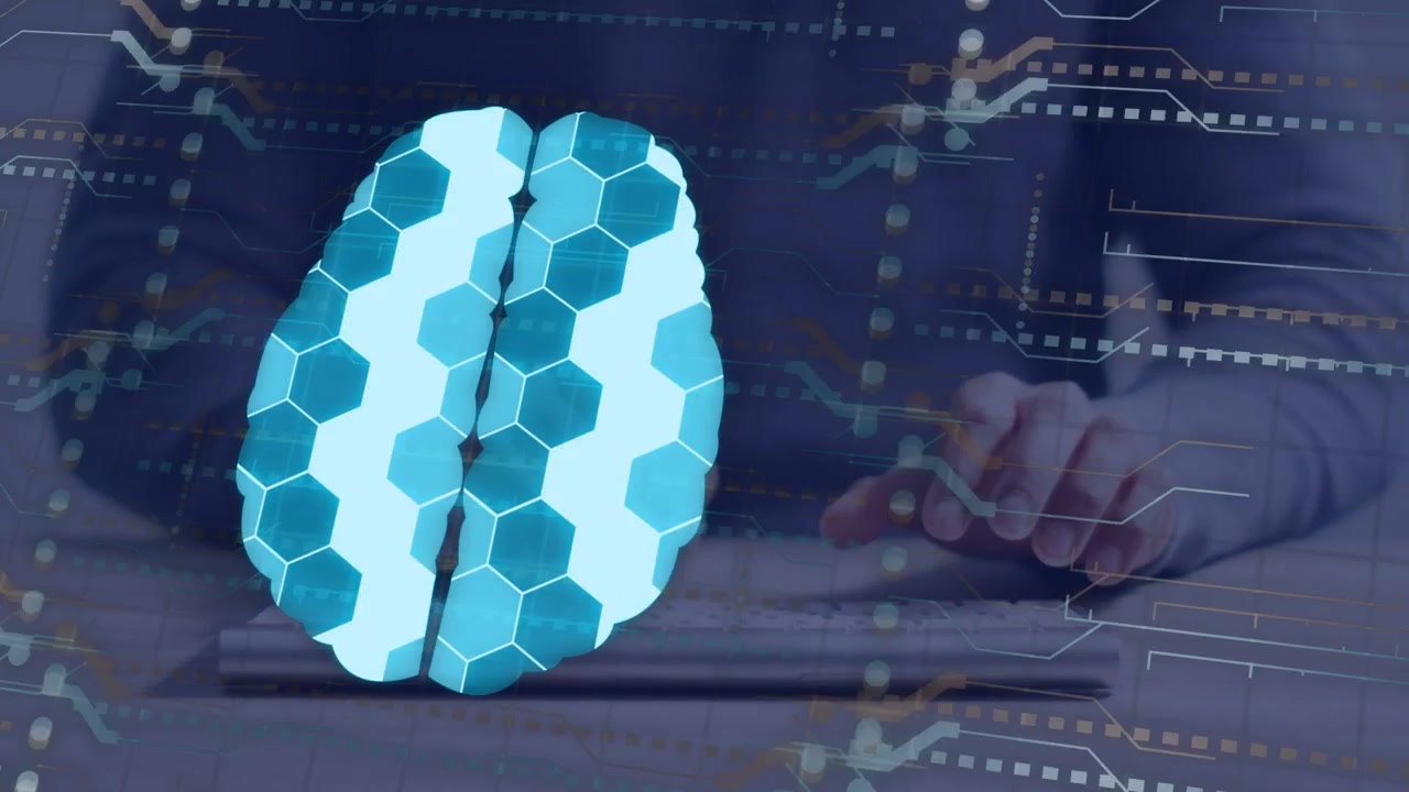 Man typing at desk, activating hex brain hologram overlaying hands with HUD lines pulsing for tech