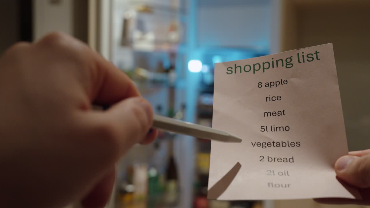 En hand som håller en inköpslista för matvaror framför ett öppet kylskåp. Konceptet med måltidsplanering, inventering av matvaror, hushållsorganisation och budgetering för matinköp