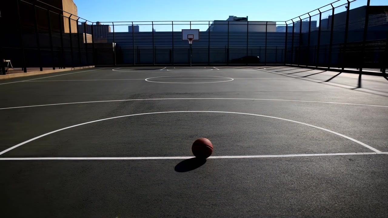 Un pallone da basket arancione si muove su un campo da gioco esterno dipinto con una recinzione sullo sfondo, cambiando posizione nel tempo mentre la luce solare bassa proietta lunghe ombre e mette in risalto la superficie di gioco testurizzata.